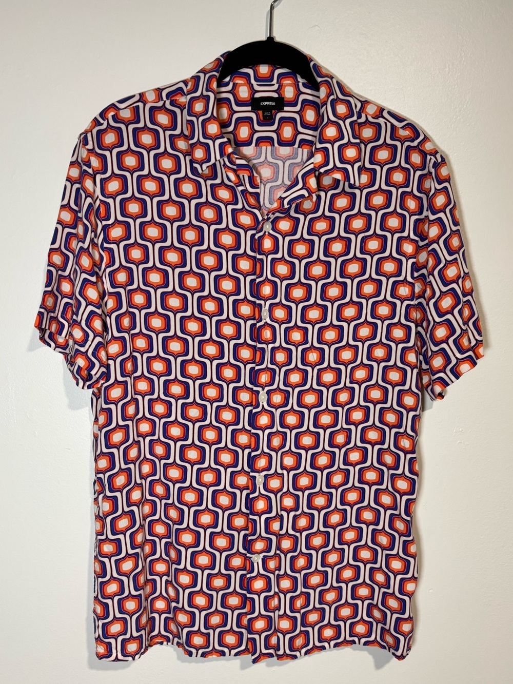 Express Men’s Short Sleeve Retro Geo Print Shirt - White/Orange/Blue